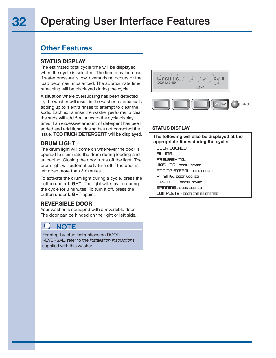 Operating user interface features, Other features | Electrolux WAVE-TOUCH 137356900 A User Manual | Page 32 / 44