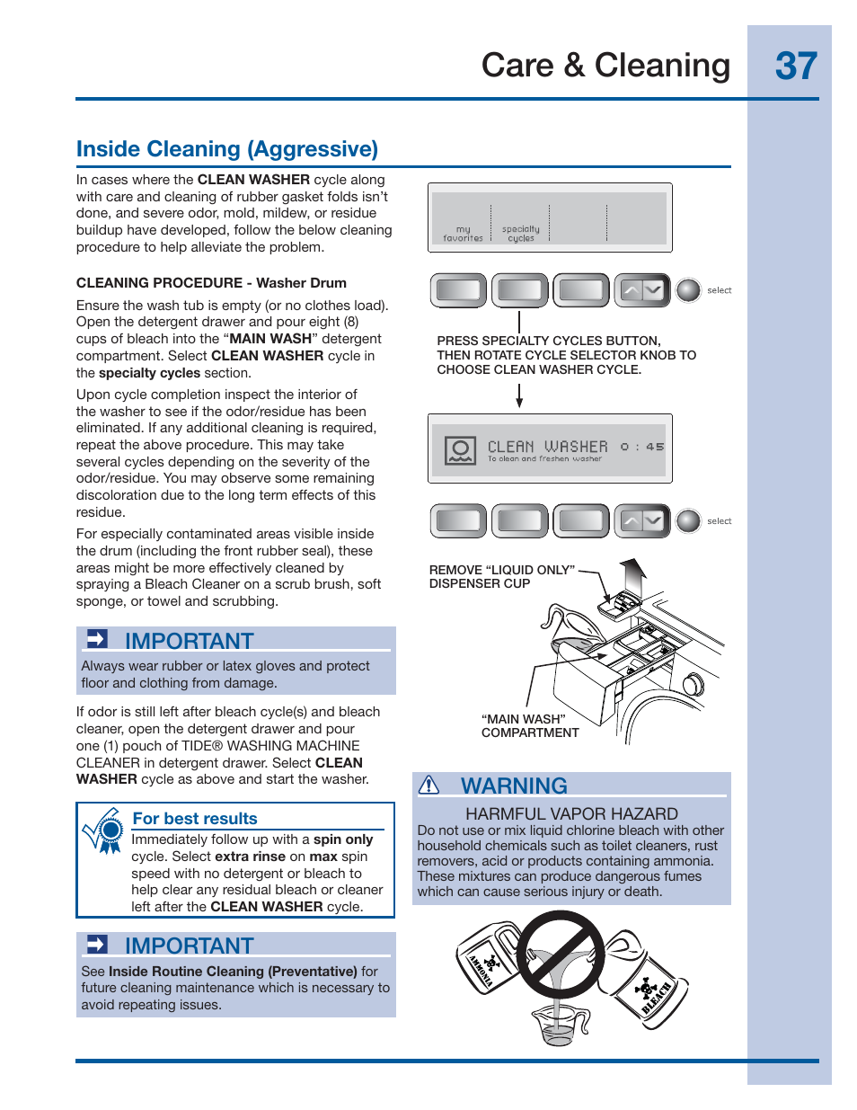 Care & cleaning, Inside cleaning (aggressive), Important | Warning | Electrolux WAVE-TOUCH 137356900 A User Manual | Page 37 / 44