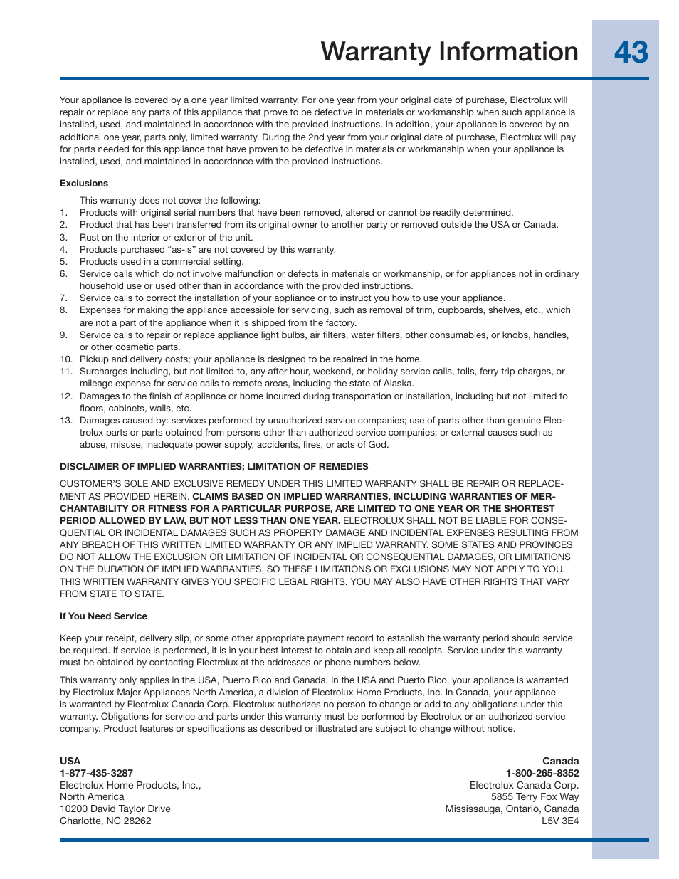 Warranty information | Electrolux WAVE-TOUCH 137356900 A User Manual | Page 43 / 44