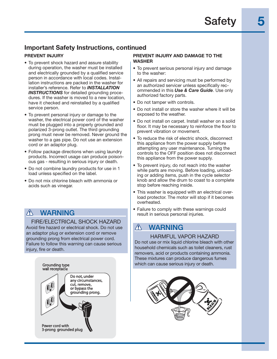 Safety, Warning, Important safety instructions, continued | Electrolux WAVE-TOUCH 137356900 A User Manual | Page 5 / 44