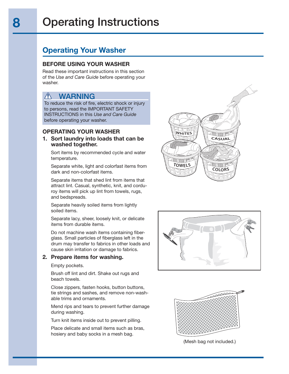 Operating instructions, Operating your washer, Warning | Electrolux WAVE-TOUCH 137356900 A User Manual | Page 8 / 44