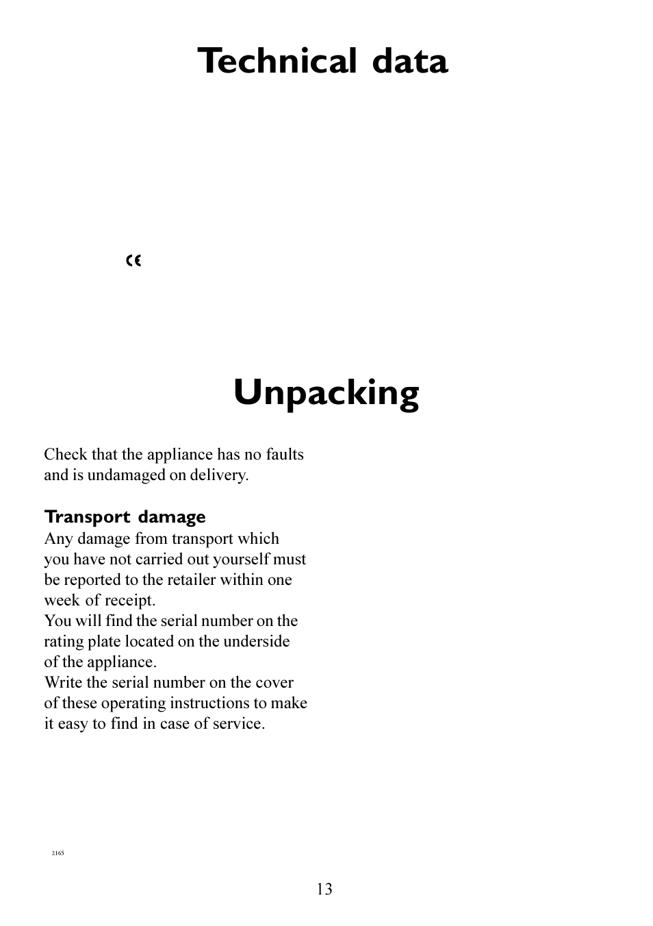 Unpacking, Technical data | Electrolux 230GR-m User Manual | Page 13 / 20