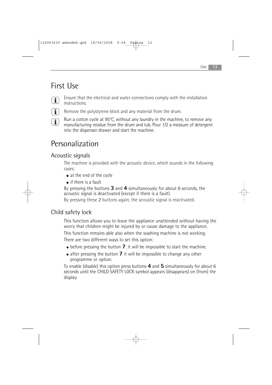 First use, Personalization, Acoustic signals | Child safety lock | Electrolux LAVAMAT 74950 User Manual | Page 13 / 48