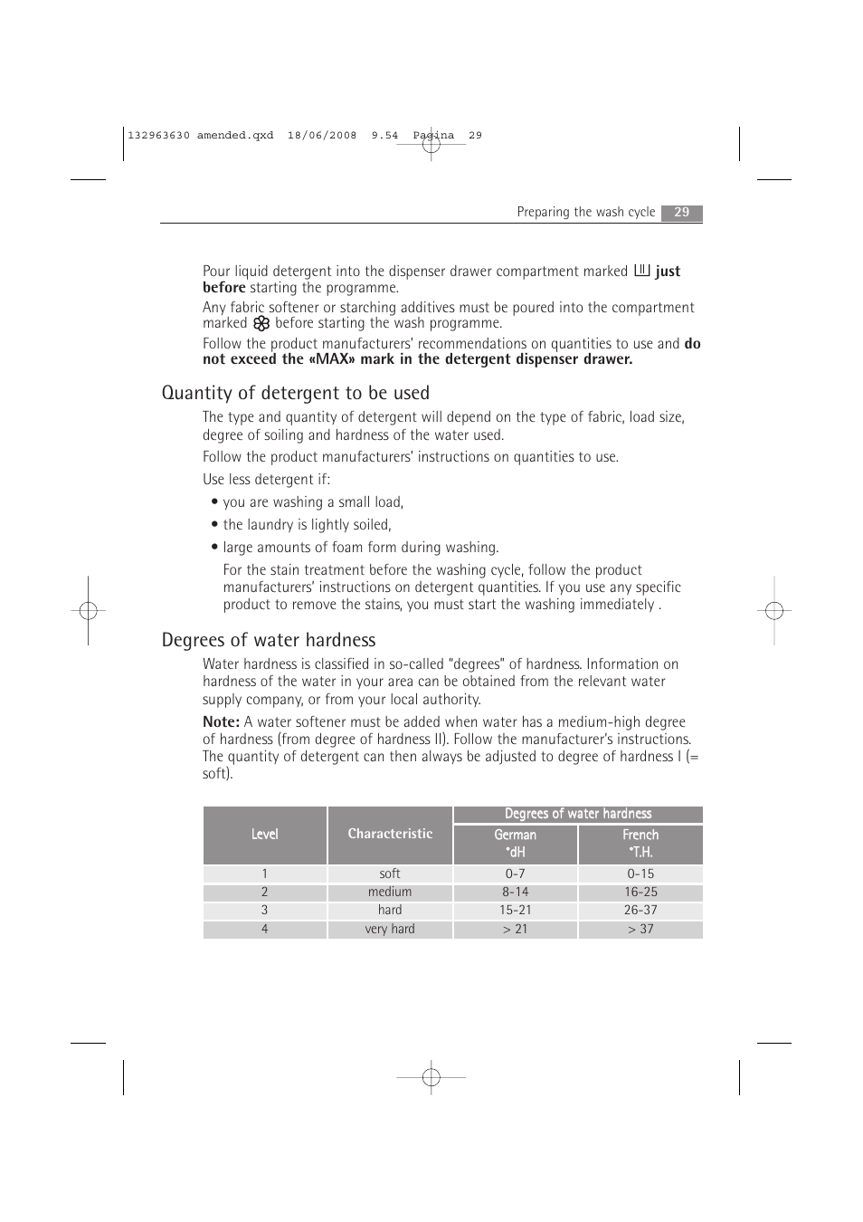 Quantity of detergent to be used, Degrees of water hardness | Electrolux LAVAMAT 74950 User Manual | Page 29 / 48