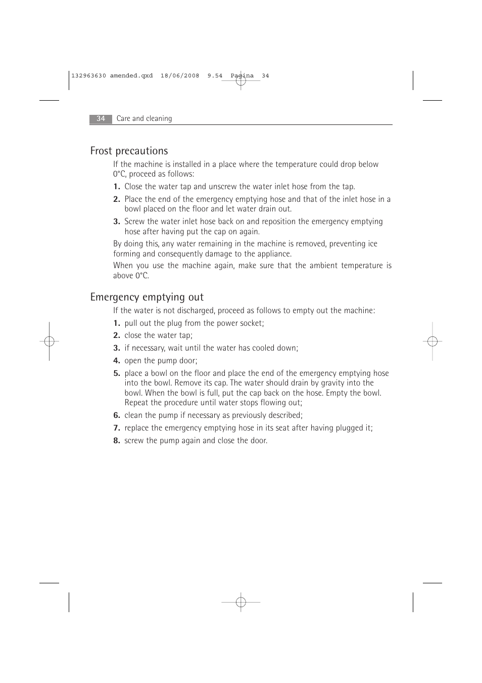 Frost precautions, Emergency emptying out | Electrolux LAVAMAT 74950 User Manual | Page 34 / 48