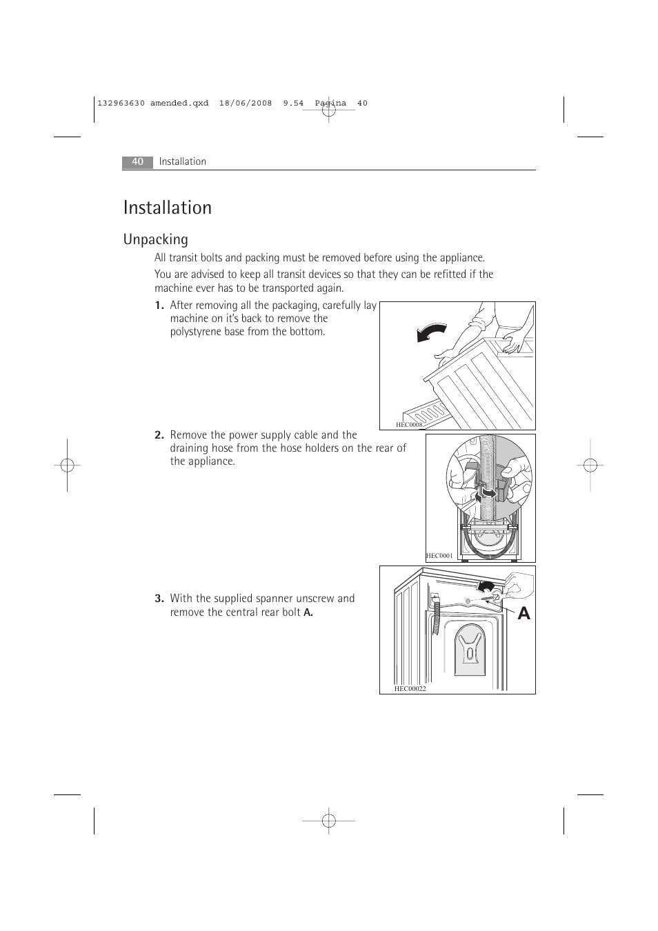 Installation, Unpacking | Electrolux LAVAMAT 74950 User Manual | Page 40 / 48