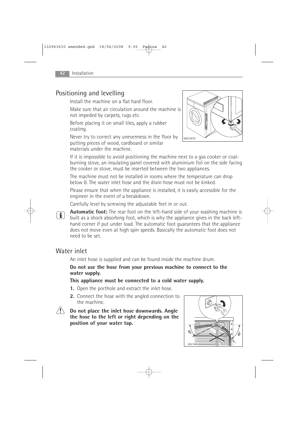 Positioning and levelling, Water inlet | Electrolux LAVAMAT 74950 User Manual | Page 42 / 48