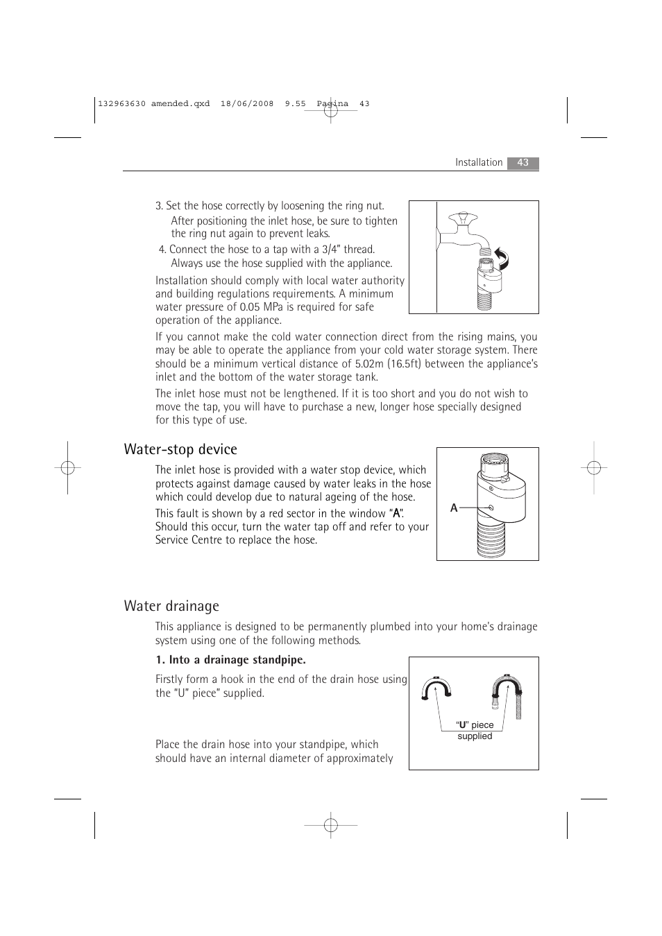 Water-stop device, Water drainage | Electrolux LAVAMAT 74950 User Manual | Page 43 / 48