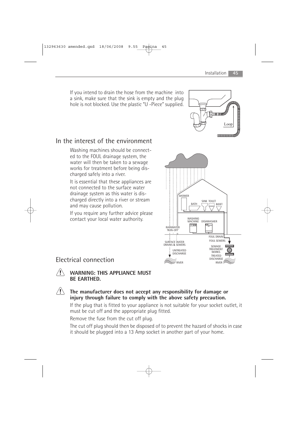 Electrical connection, 45 installation | Electrolux LAVAMAT 74950 User Manual | Page 45 / 48