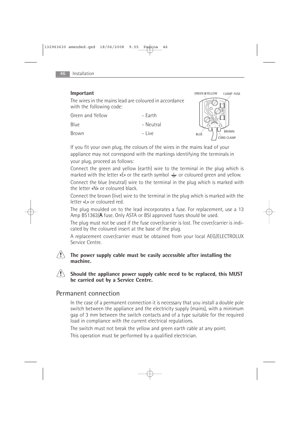 Permanent connection | Electrolux LAVAMAT 74950 User Manual | Page 46 / 48