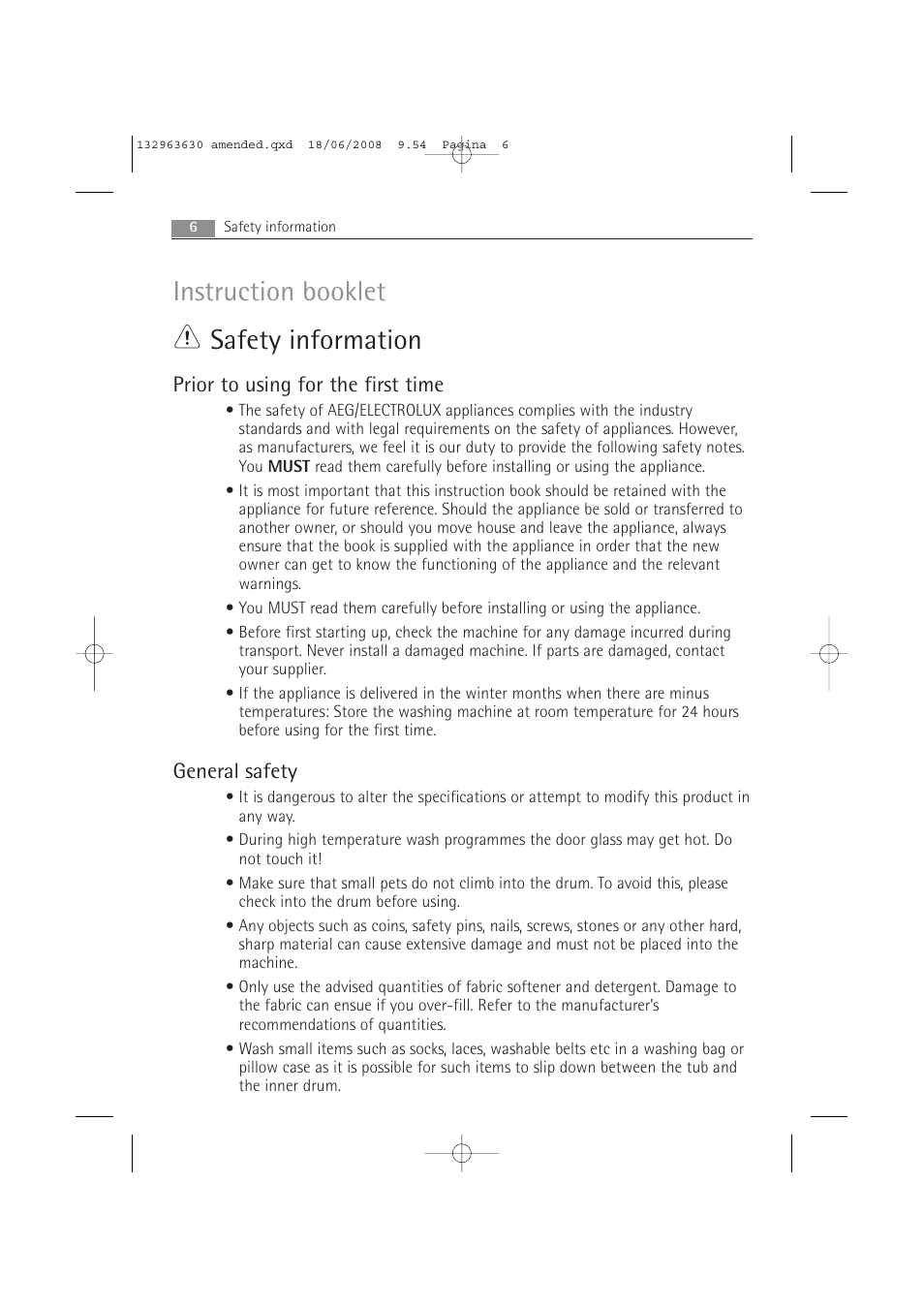 Instruction booklet safety information, Prior to using for the first time, General safety | Electrolux LAVAMAT 74950 User Manual | Page 6 / 48