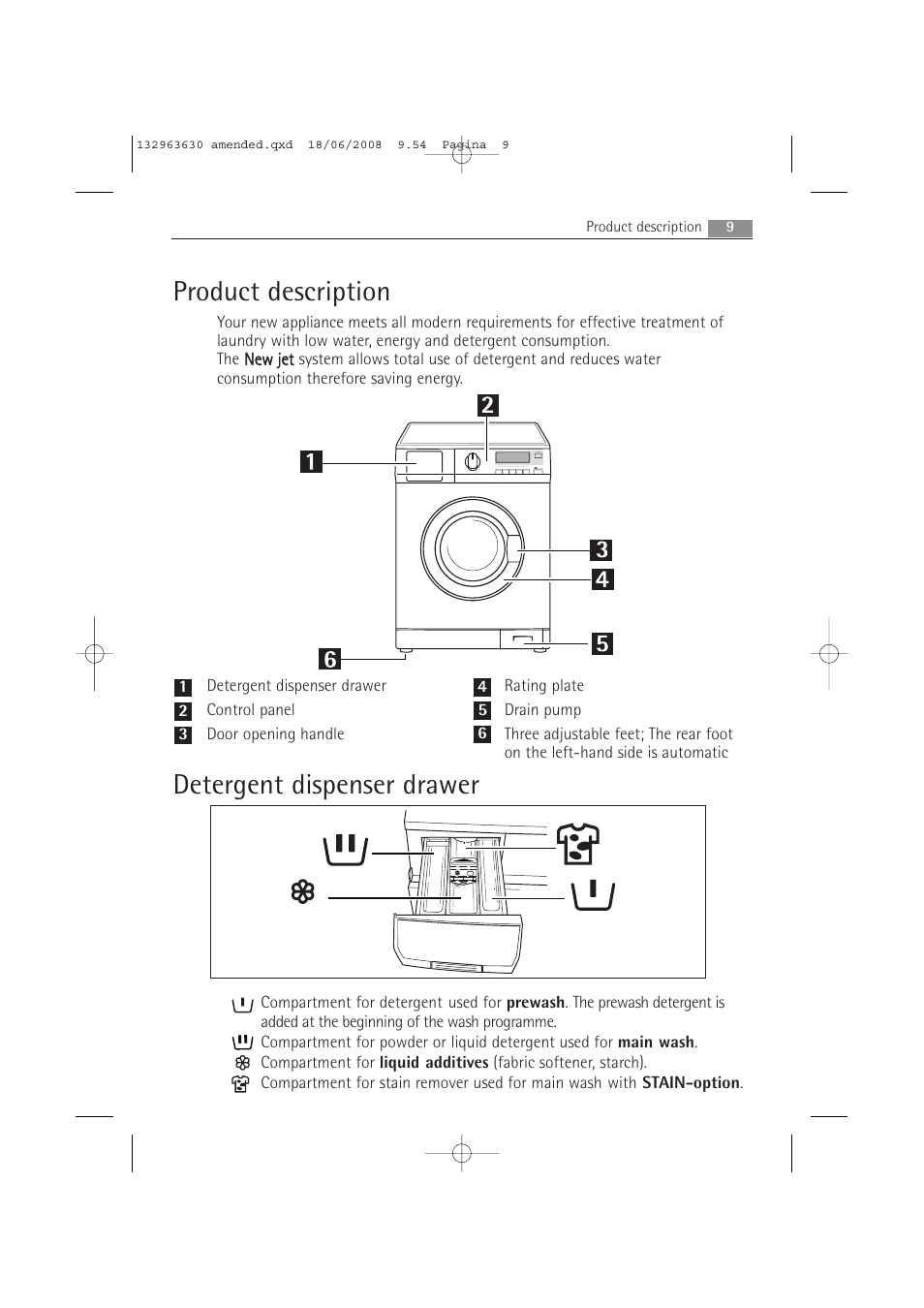 Product description, Detergent dispenser drawer | Electrolux LAVAMAT 74950 User Manual | Page 9 / 48