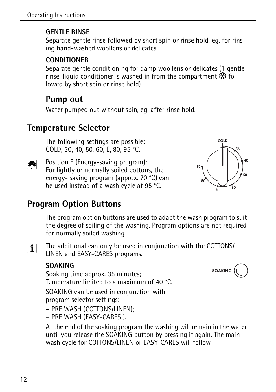 Pump out, Temperature selector, Program option buttons | Electrolux 50435 User Manual | Page 12 / 52