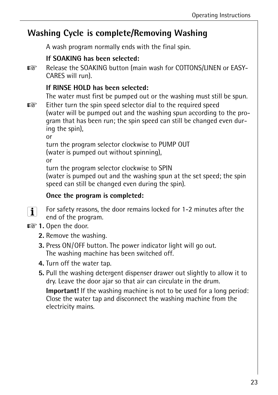 Washing cycle is complete/removing washing | Electrolux 50435 User Manual | Page 23 / 52