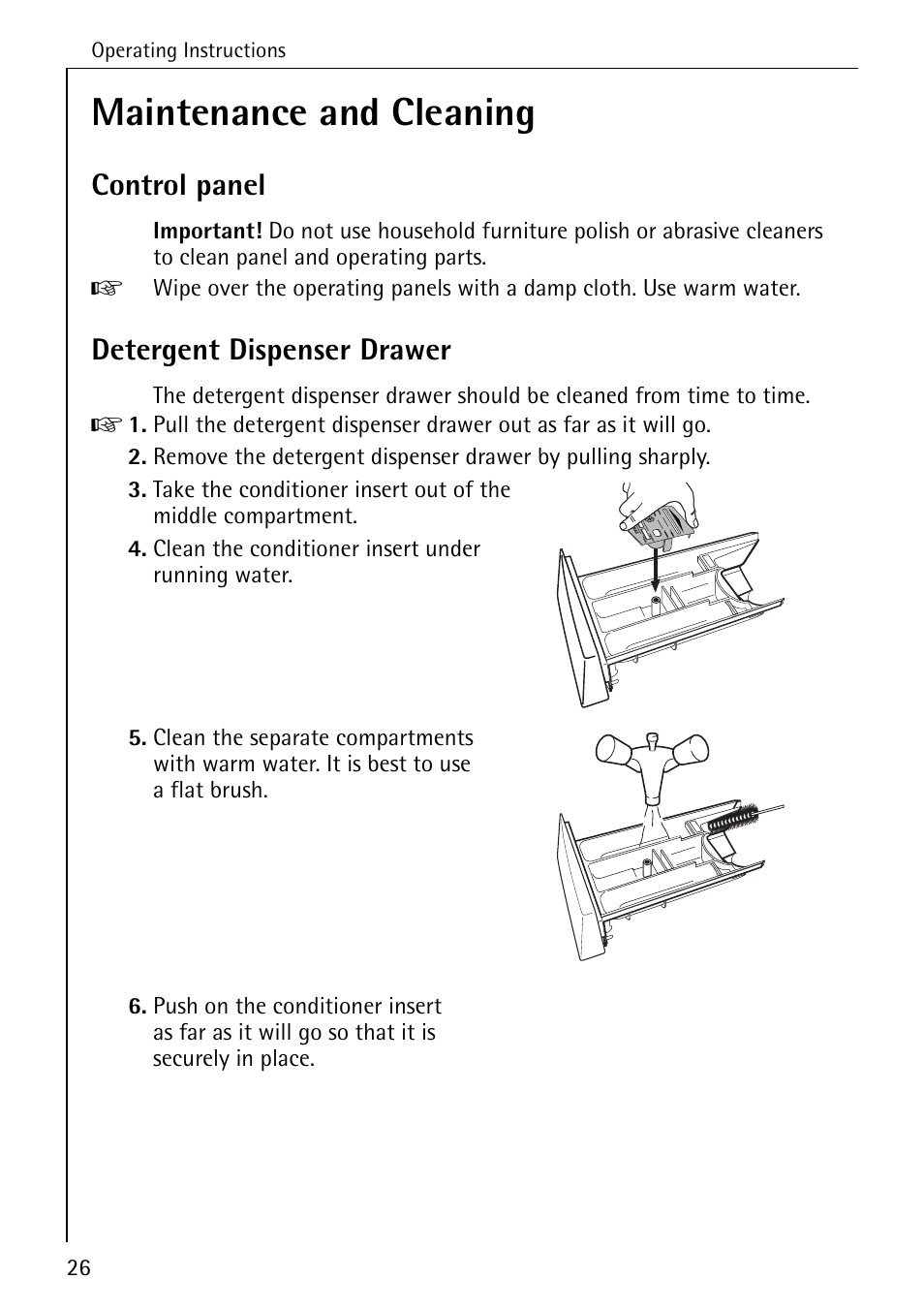 Maintenance and cleaning, Control panel, Detergent dispenser drawer | Electrolux 50435 User Manual | Page 26 / 52