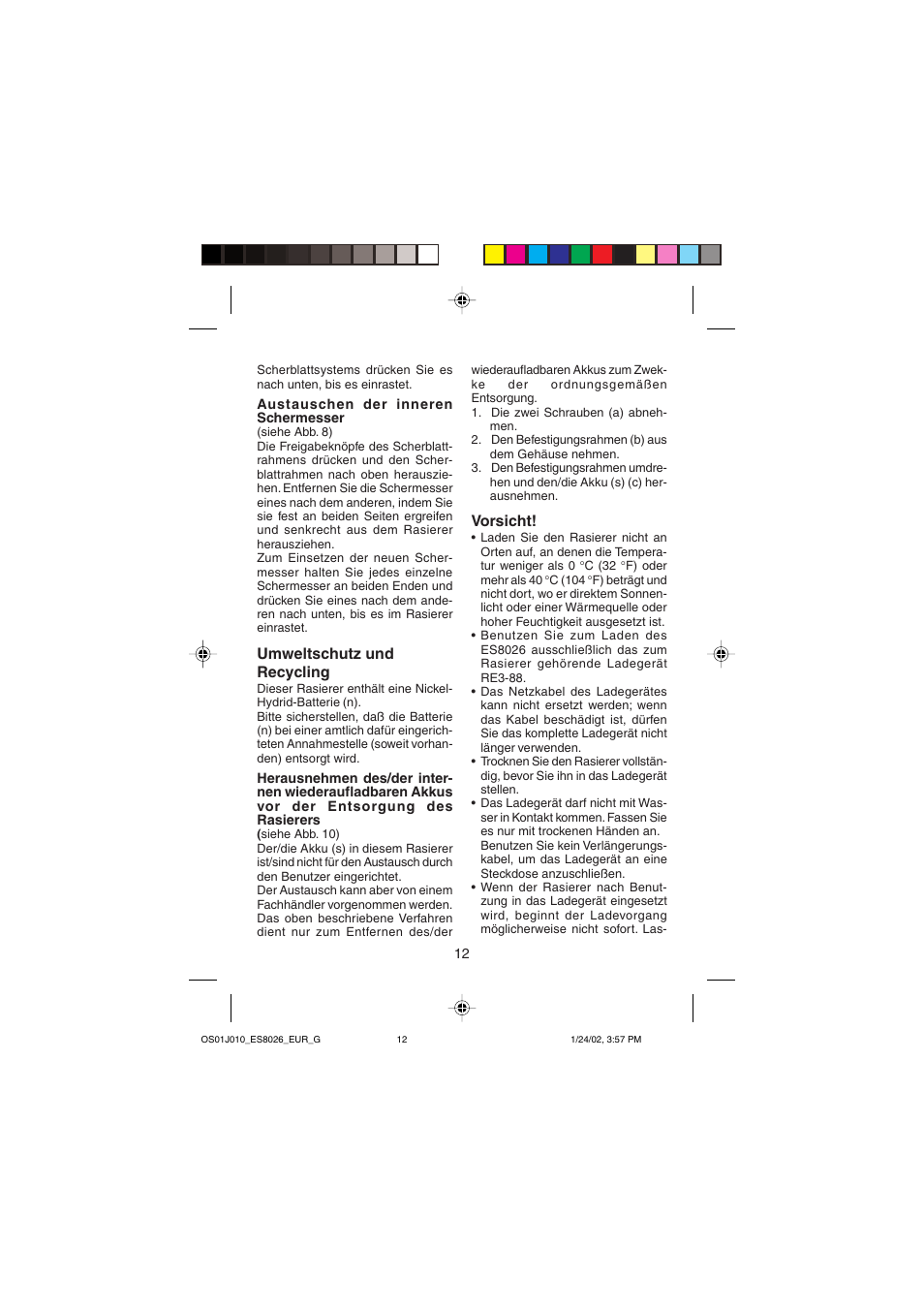 Umweltschutz und recycling, Vorsicht | Panasonic ES8026S User Manual | Page 12 / 80