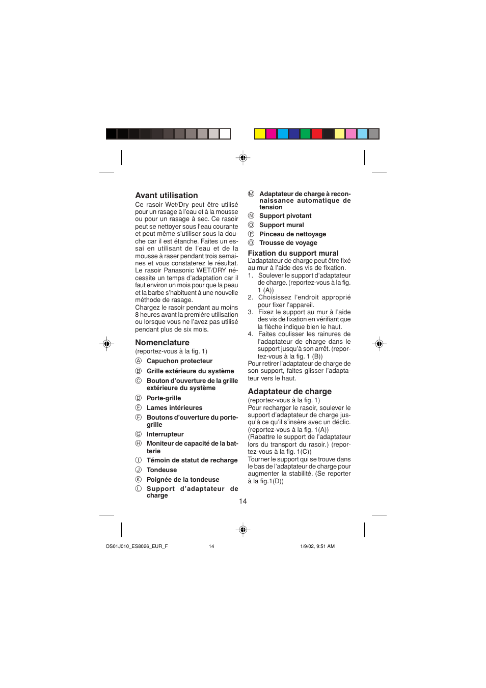 Avant utilisation, Nomenclature, Adaptateur de charge | Panasonic ES8026S User Manual | Page 14 / 80