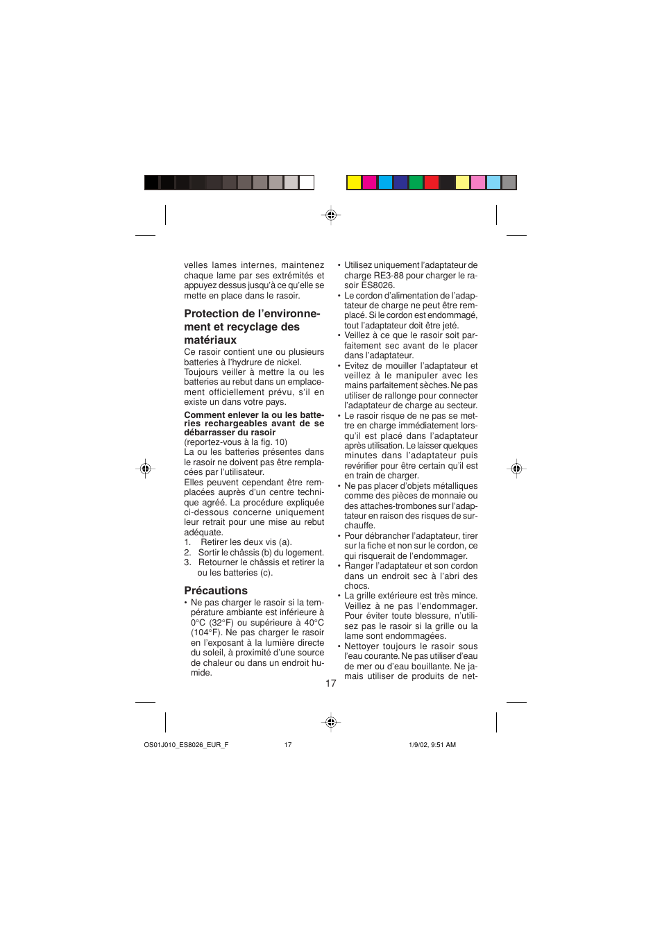 Précautions | Panasonic ES8026S User Manual | Page 17 / 80
