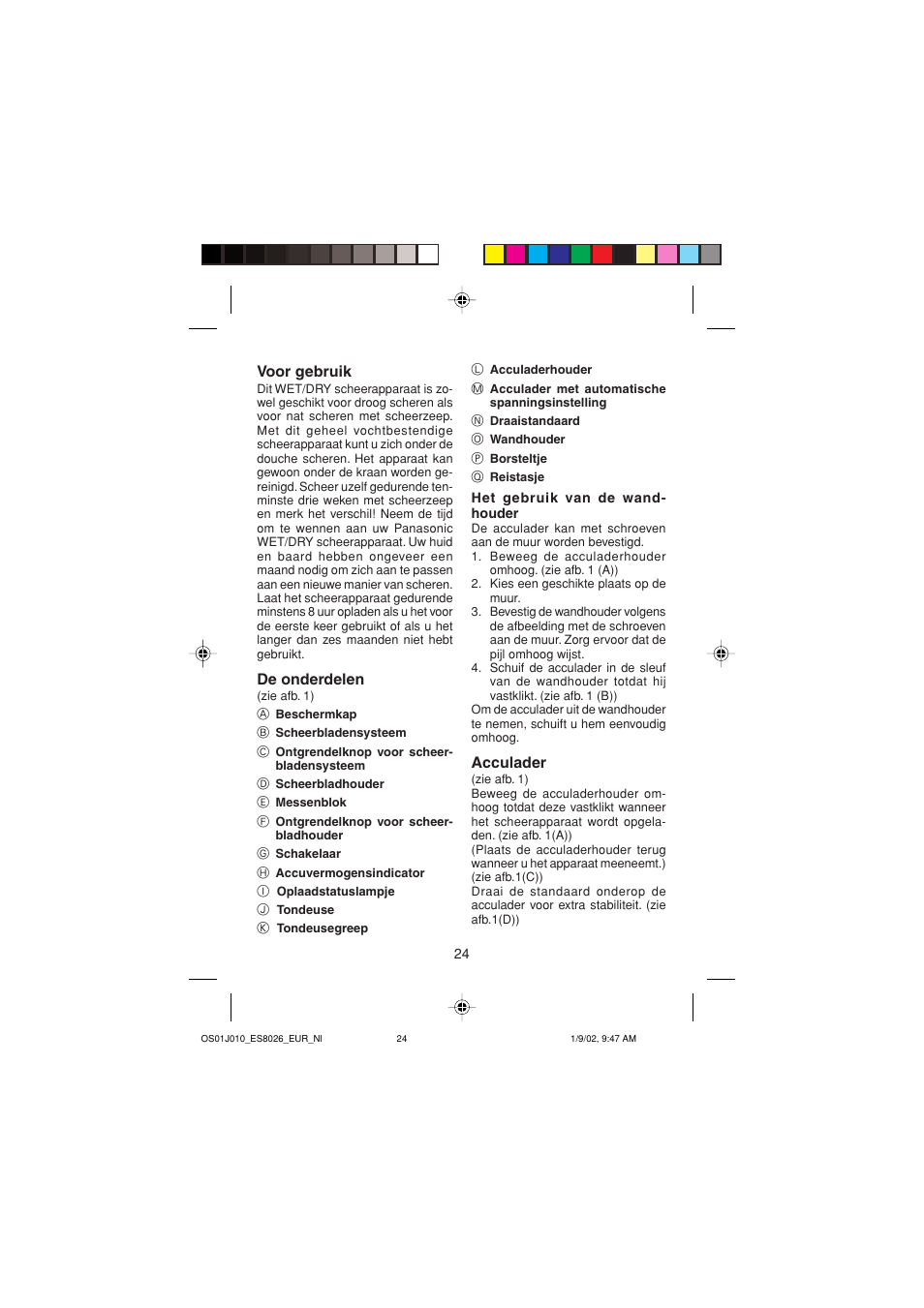 Voor gebruik, De onderdelen, Acculader | Panasonic ES8026S User Manual | Page 24 / 80
