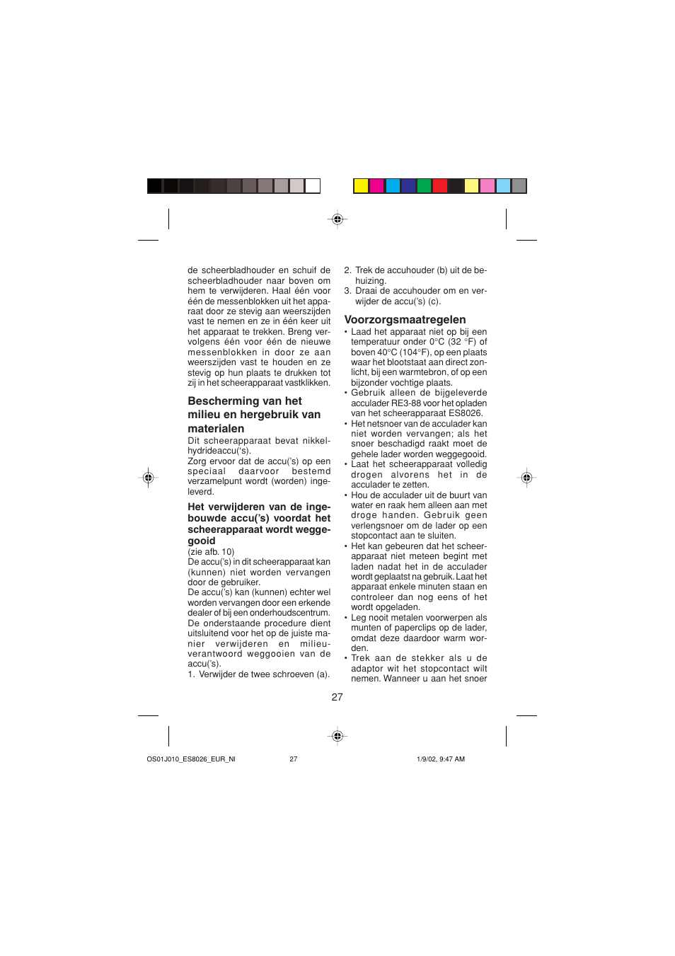 Voorzorgsmaatregelen | Panasonic ES8026S User Manual | Page 27 / 80