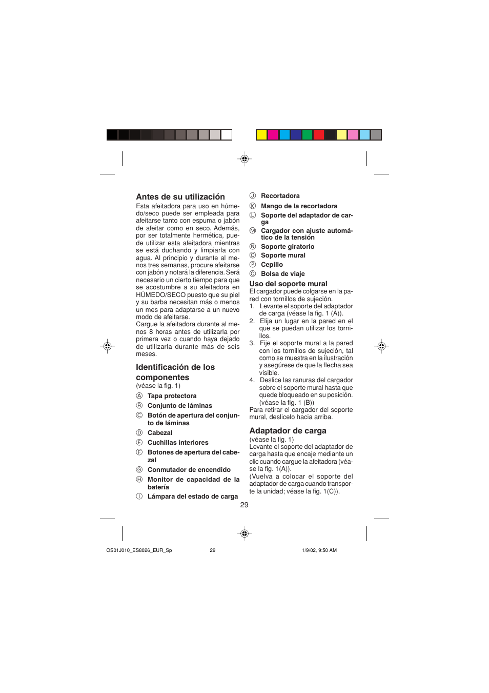 Antes de su utilización, Identificación de los componentes, Adaptador de carga | Panasonic ES8026S User Manual | Page 29 / 80