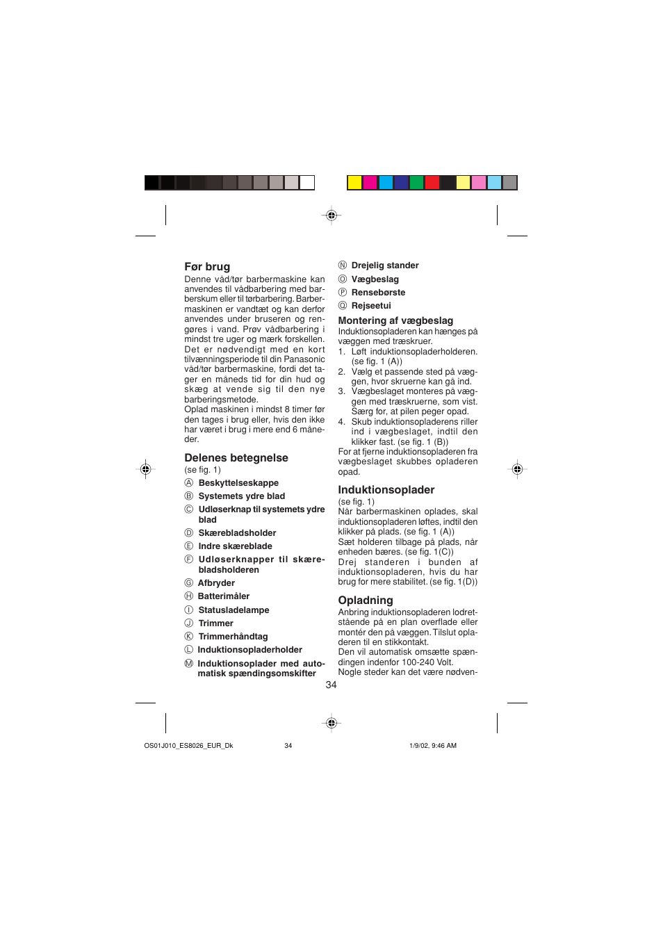 Før brug, Delenes betegnelse, Induktionsoplader | Opladning | Panasonic ES8026S User Manual | Page 34 / 80