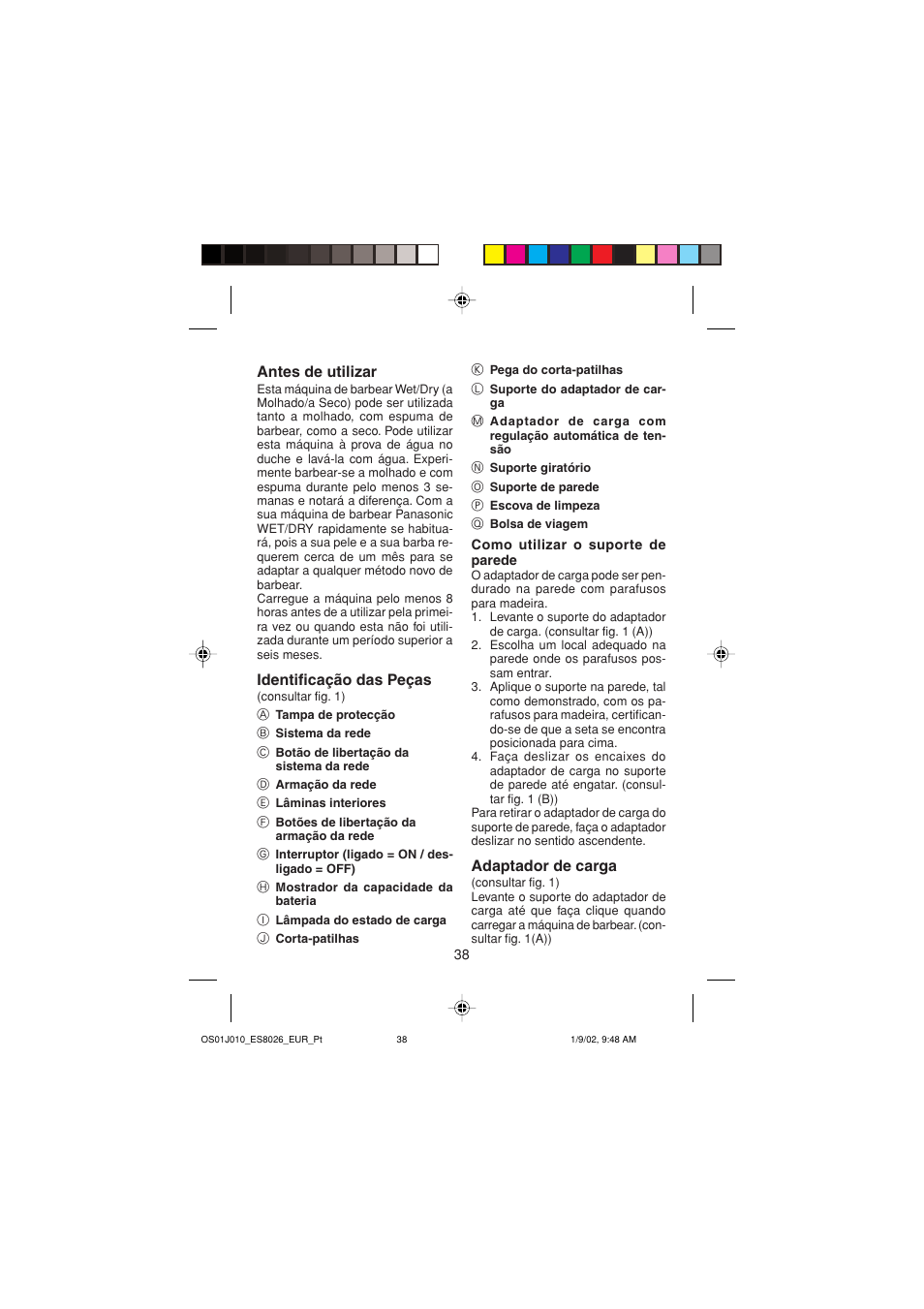 Antes de utilizar, Identificação das peças, Adaptador de carga | Panasonic ES8026S User Manual | Page 38 / 80