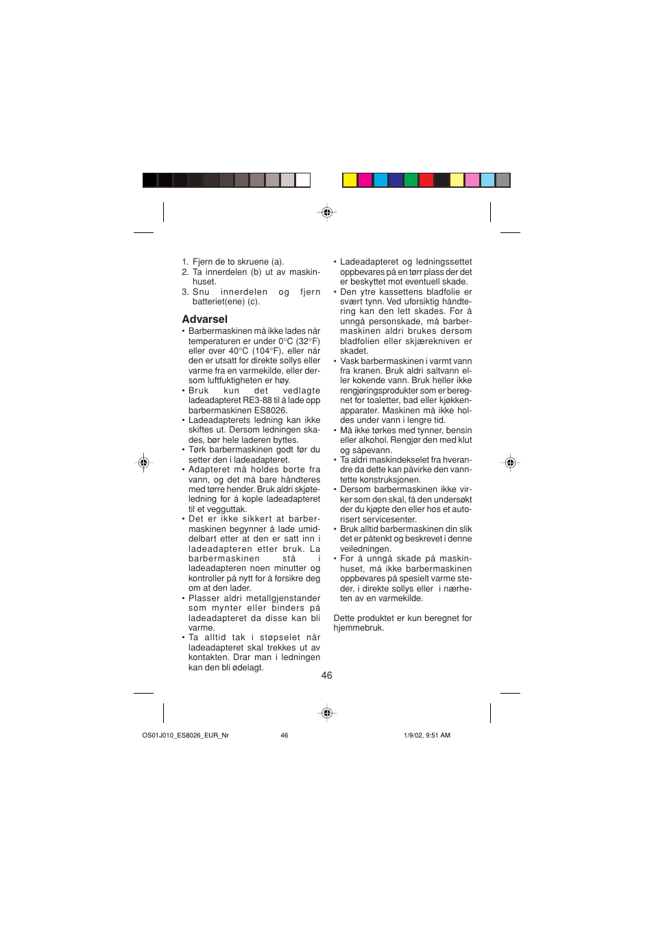 Advarsel | Panasonic ES8026S User Manual | Page 46 / 80