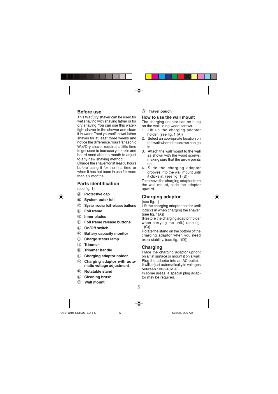 Before use, Parts identification, Charging adaptor | Charging | Panasonic ES8026S User Manual | Page 5 / 80