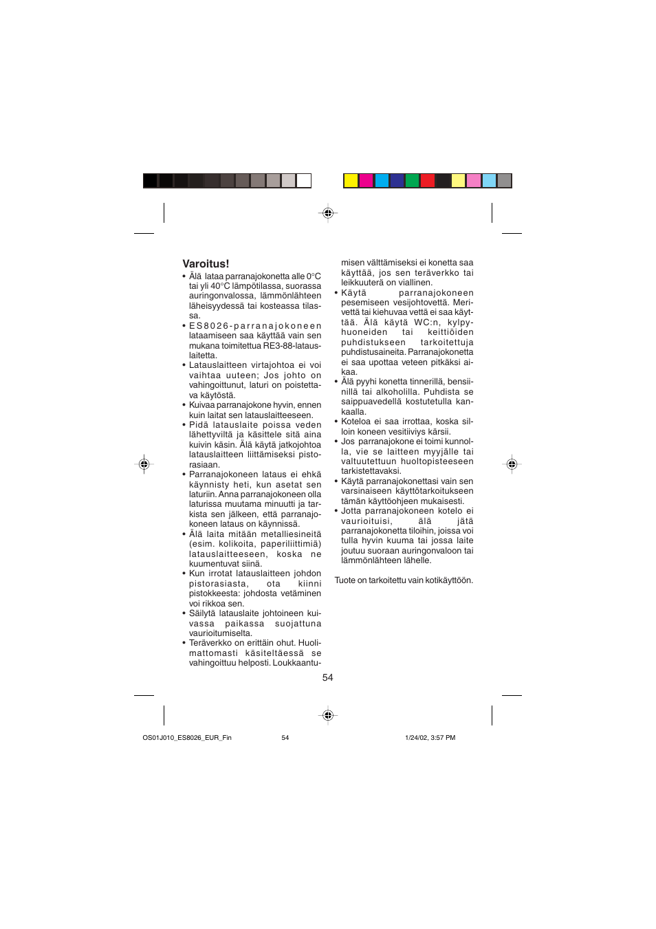 Varoitus | Panasonic ES8026S User Manual | Page 54 / 80