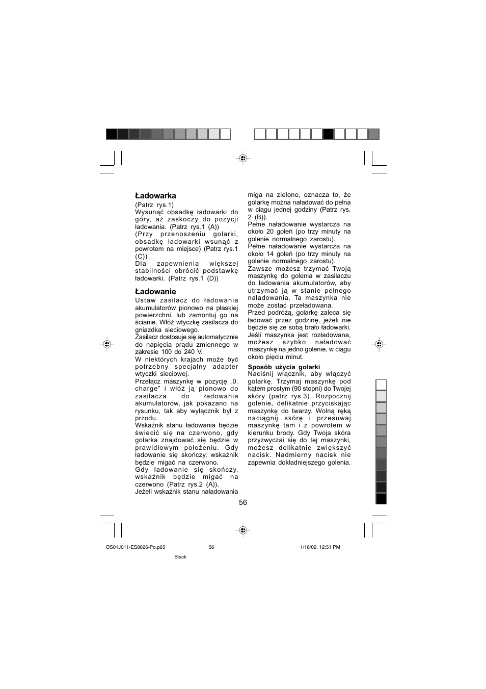 Ładowarka, Ładowanie | Panasonic ES8026S User Manual | Page 56 / 80