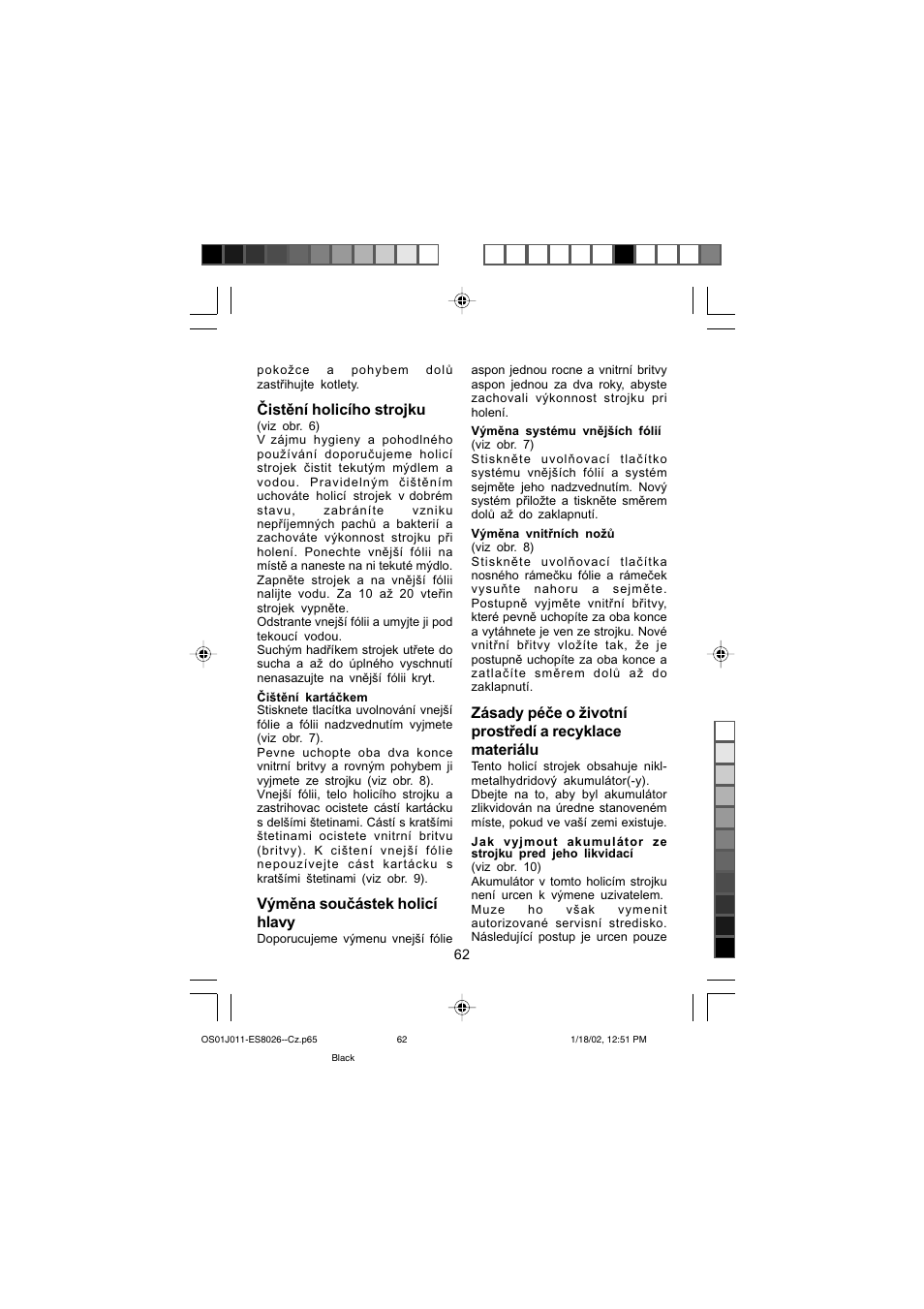 Čistění holicího strojku, Výměna součástek holicí hlavy | Panasonic ES8026S User Manual | Page 62 / 80
