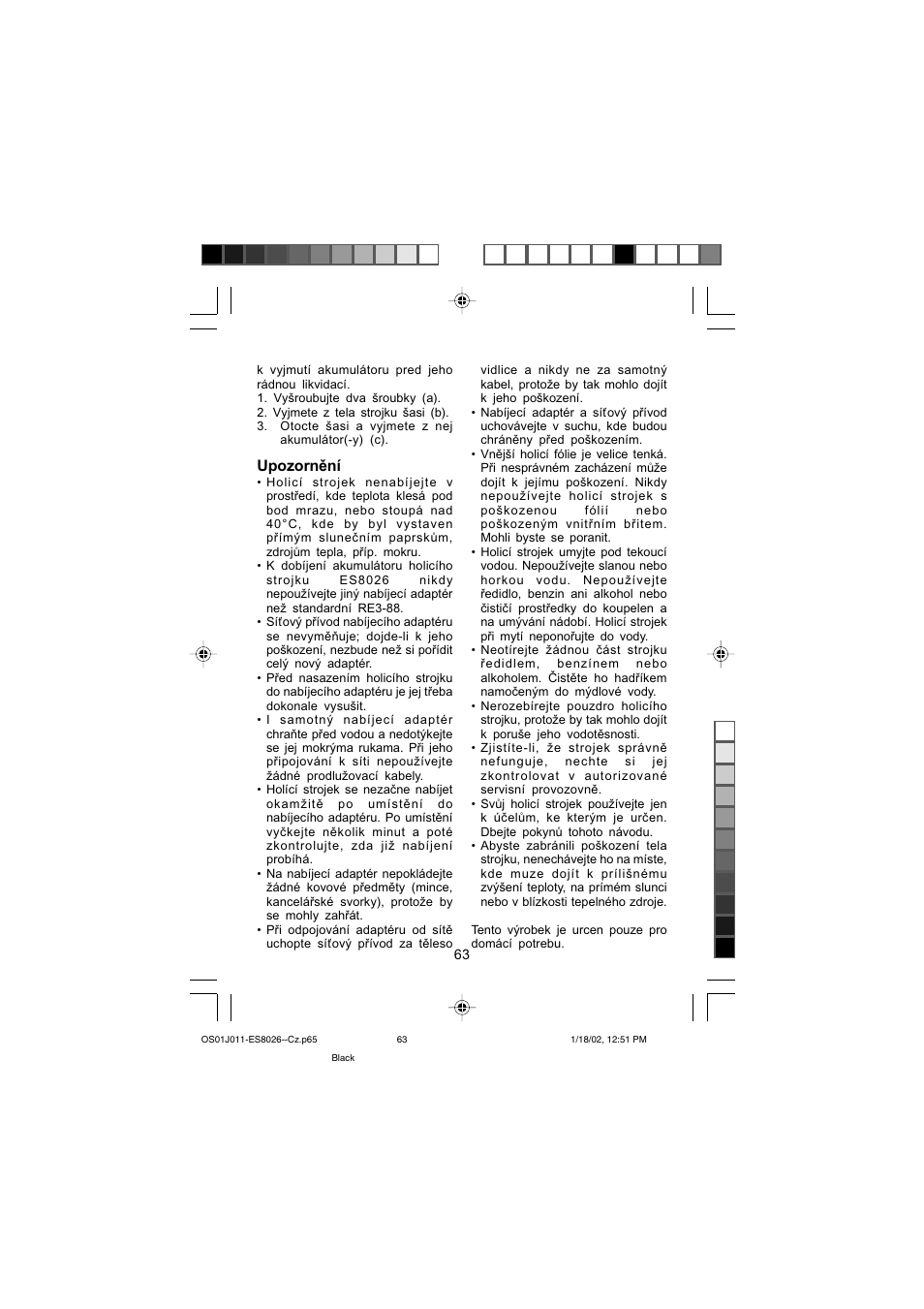 Upozornění | Panasonic ES8026S User Manual | Page 63 / 80