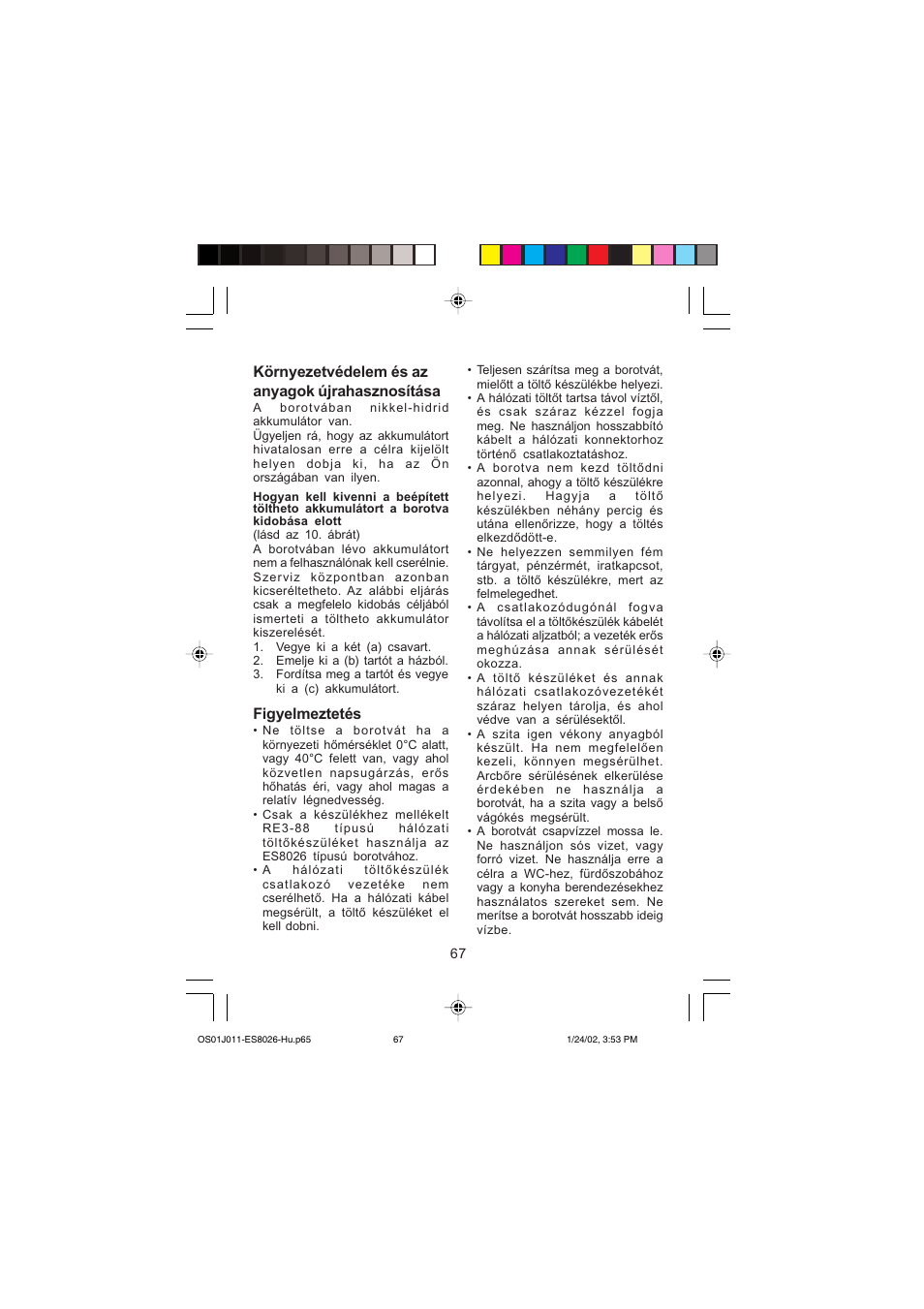 Környezetvédelem és az anyagok újrahasznosítása, Figyelmeztetés | Panasonic ES8026S User Manual | Page 67 / 80