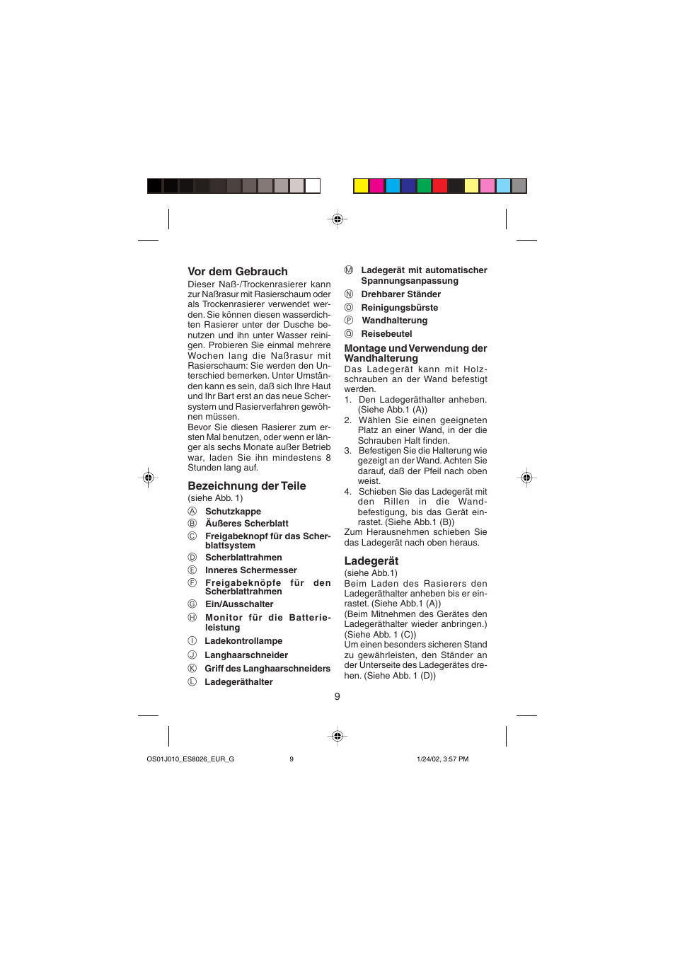 Vor dem gebrauch, Bezeichnung der teile, Ladegerät | Panasonic ES8026S User Manual | Page 9 / 80