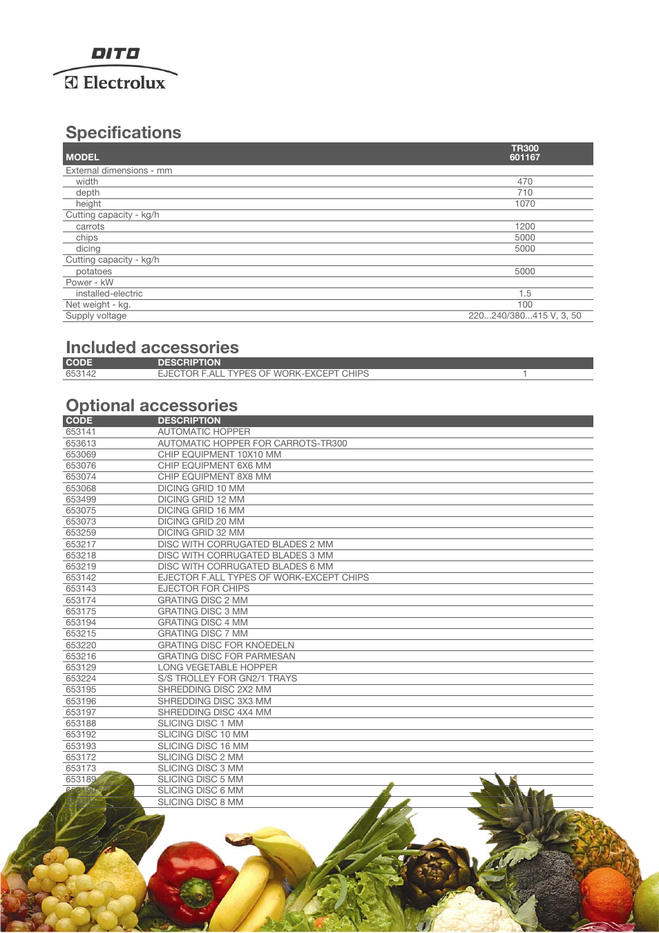 Specifications, Included accessories, Optional accessories | Electrolux TR300 User Manual | Page 2 / 3