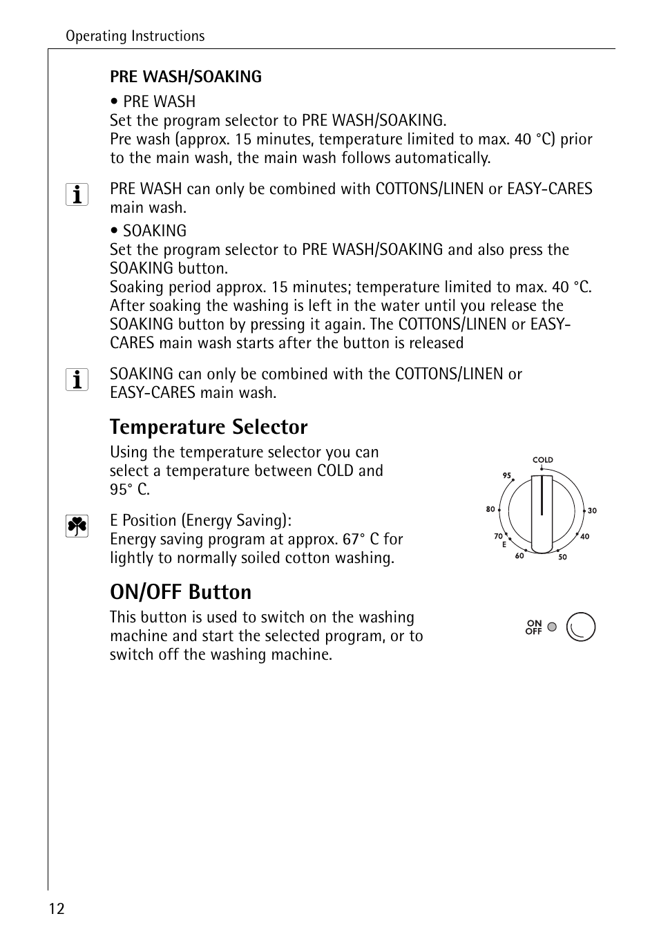 Temperature selector, On/off button | Electrolux LAVAMAT 50720 User Manual | Page 12 / 48