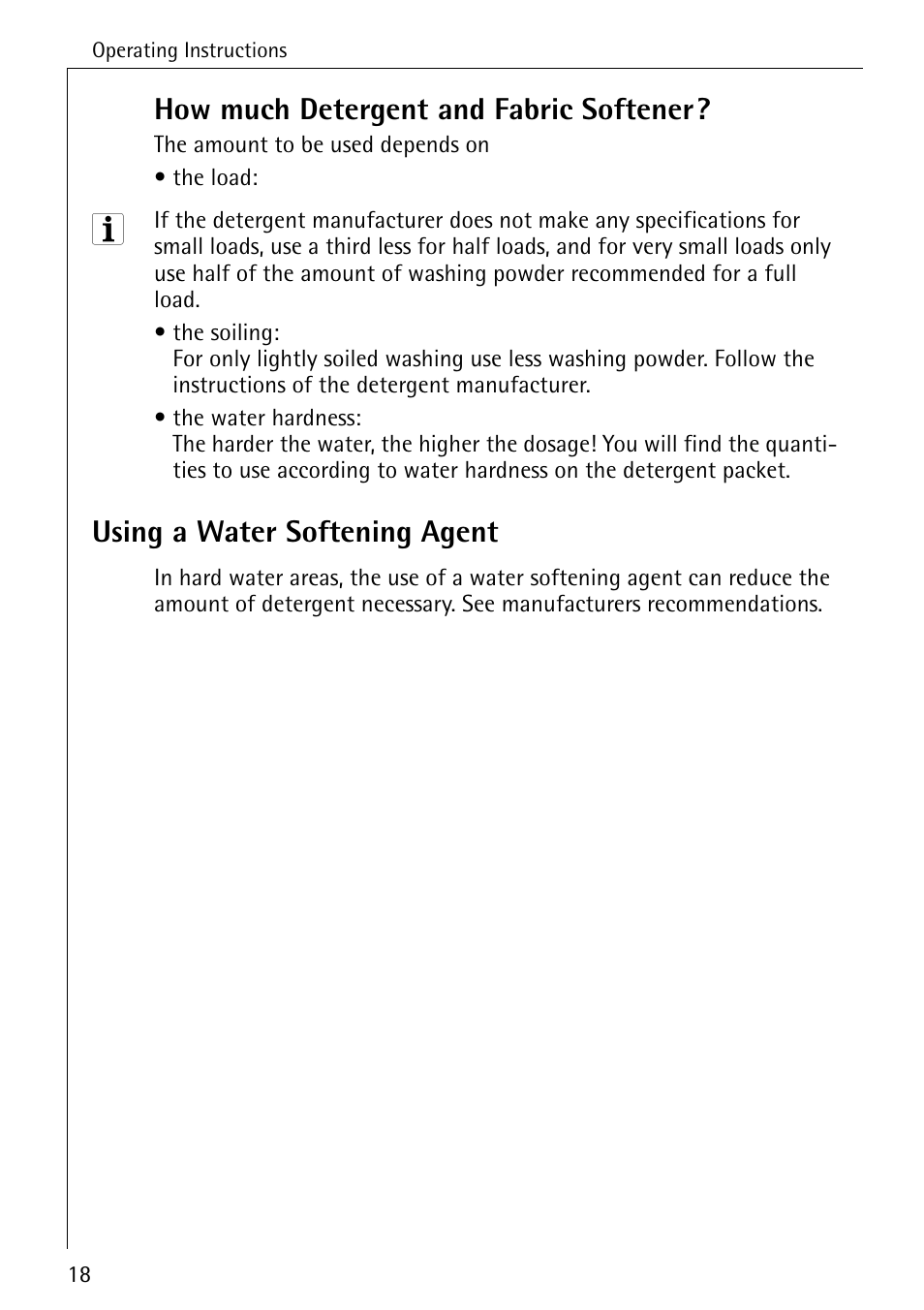How much detergent and fabric softener, Using a water softening agent | Electrolux LAVAMAT 50720 User Manual | Page 18 / 48