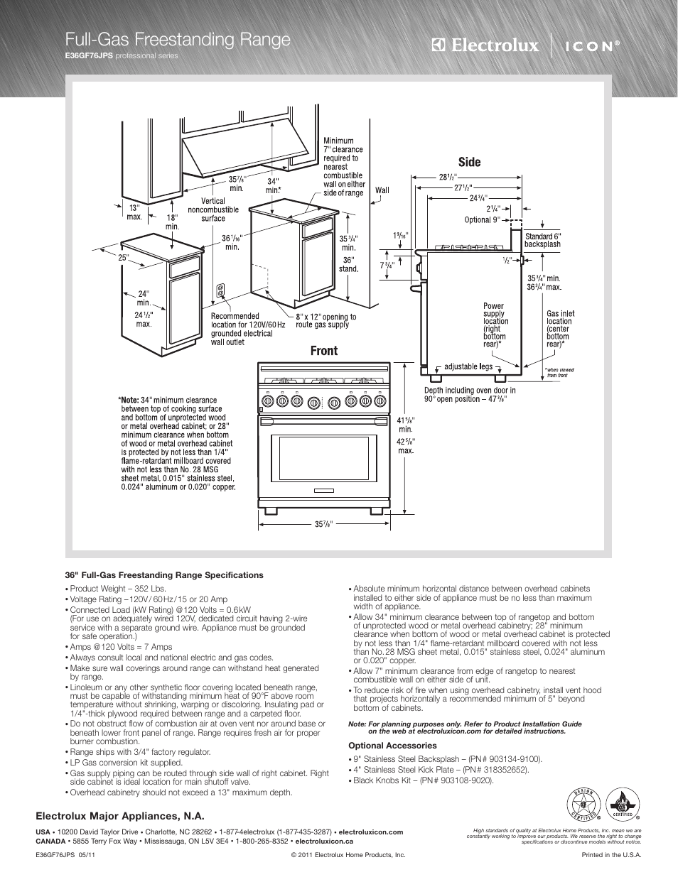 Full-gas freestanding range, E36gf76jps, Electrolux major appliances, n.a | Electrolux Full-Gas Freestanding Range E36GF76JPS User Manual | Page 2 / 4