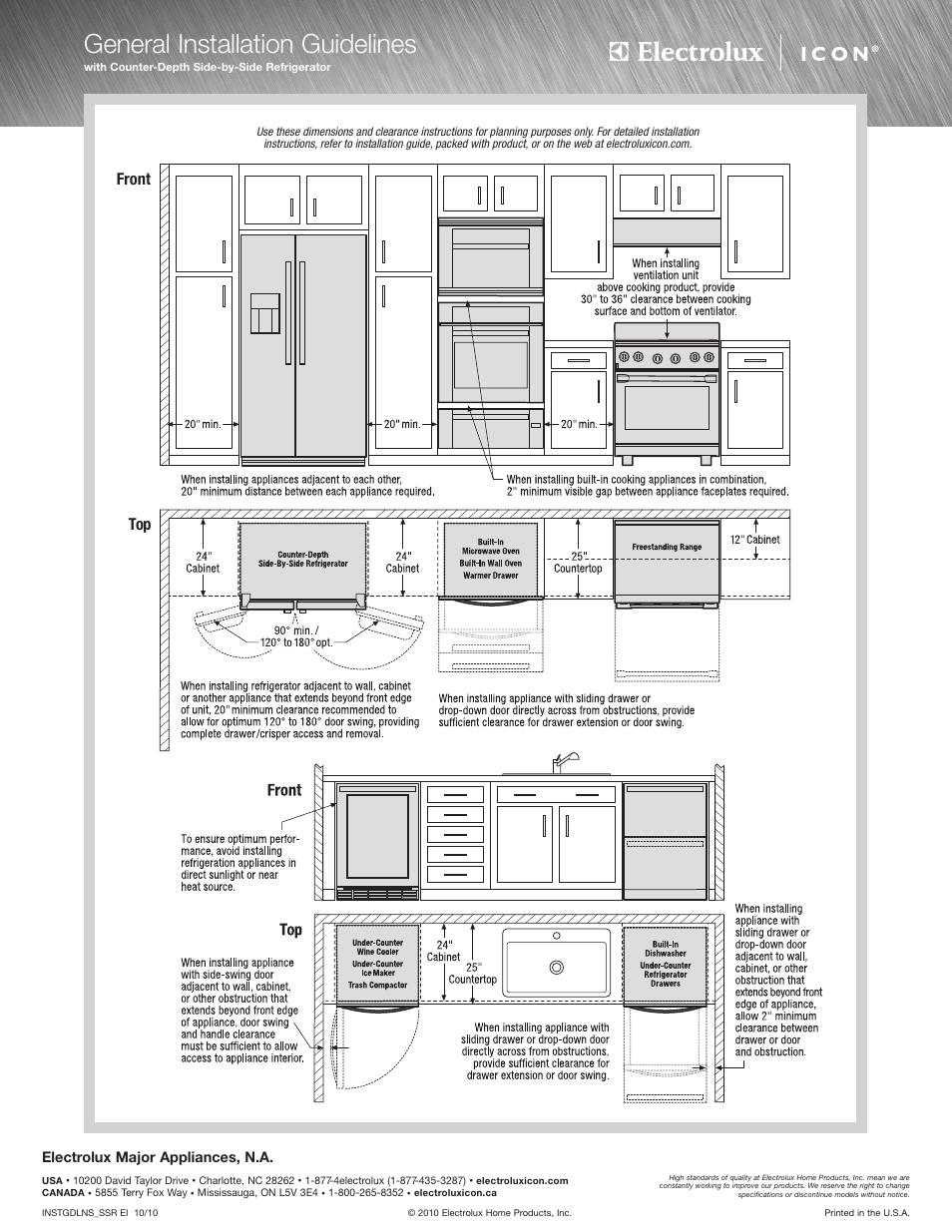 General installation guidelines, Front top, Electrolux major appliances, n.a | Electrolux Full-Gas Freestanding Range E36GF76JPS User Manual | Page 4 / 4