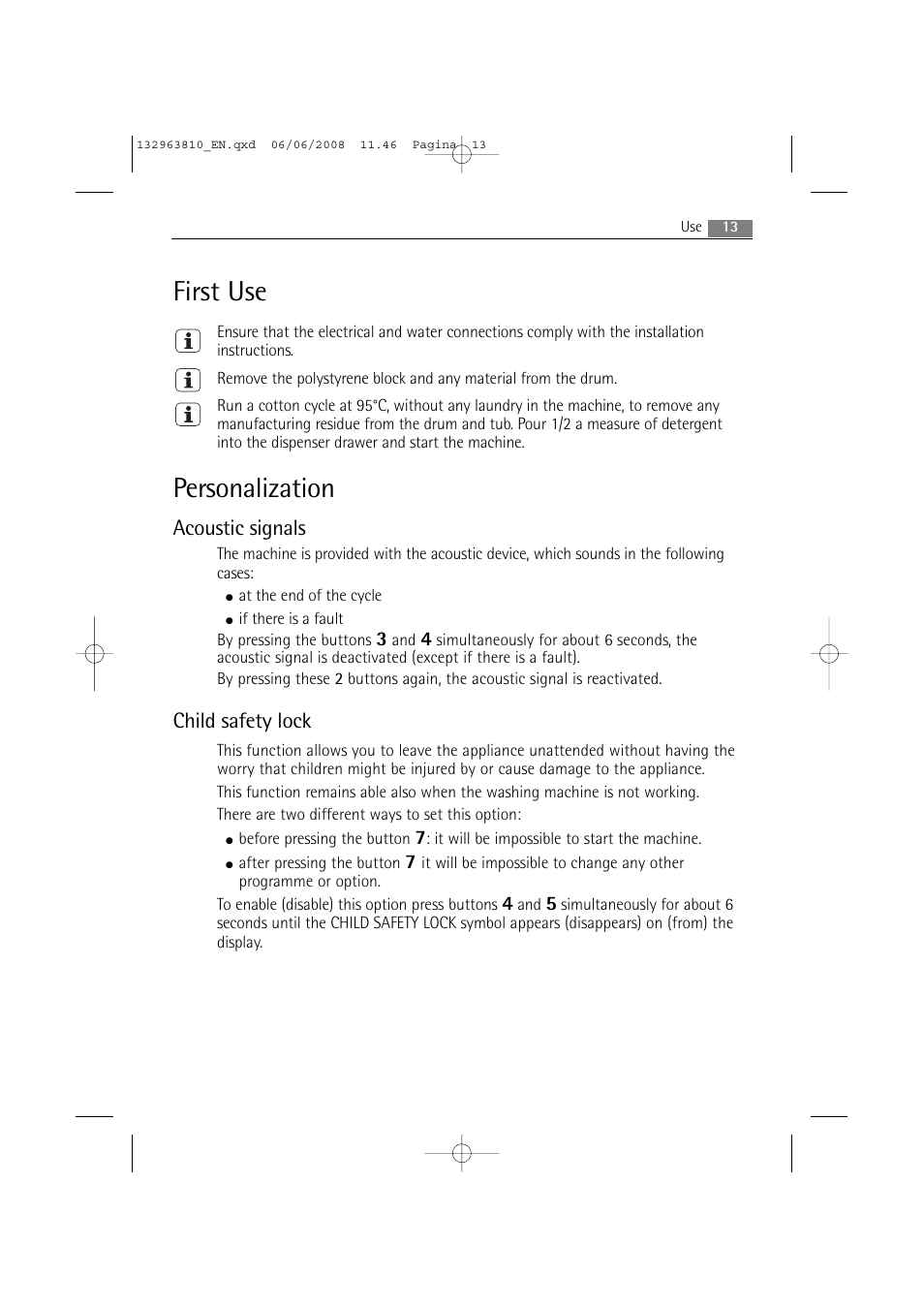 First use, Personalization, Acoustic signals | Child safety lock | Electrolux LAVAMAT 74850 B User Manual | Page 13 / 48