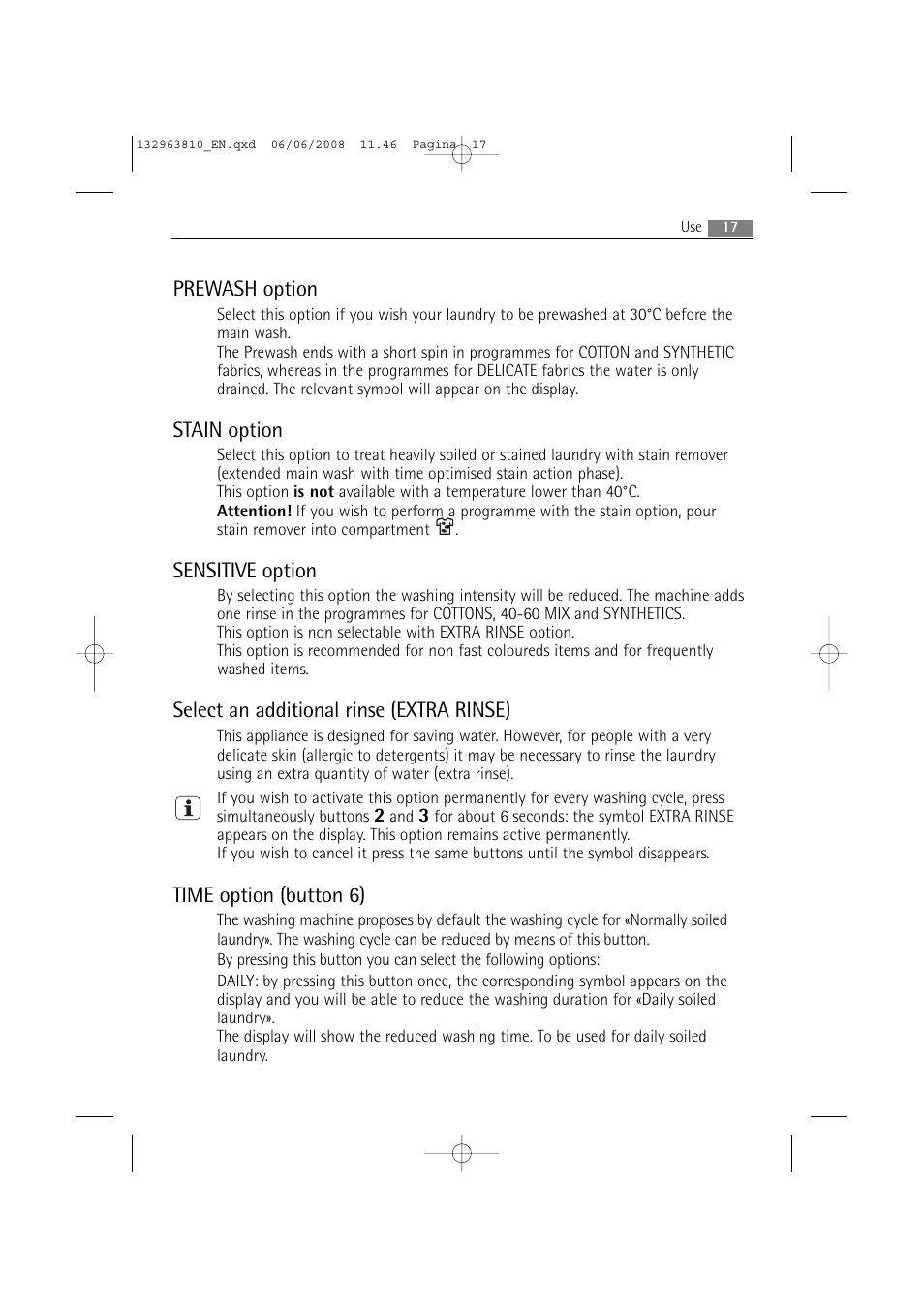 Prewash option, Stain option, Sensitive option | Select an additional rinse (extra rinse), Time option (button 6) | Electrolux LAVAMAT 74850 B User Manual | Page 17 / 48