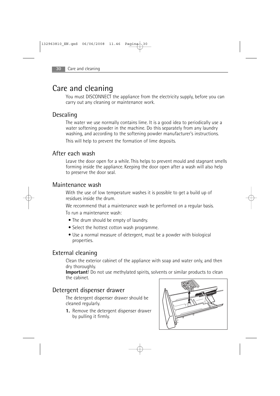 Care and cleaning, Descaling, After each wash | Maintenance wash, External cleaning, Detergent dispenser drawer | Electrolux LAVAMAT 74850 B User Manual | Page 30 / 48