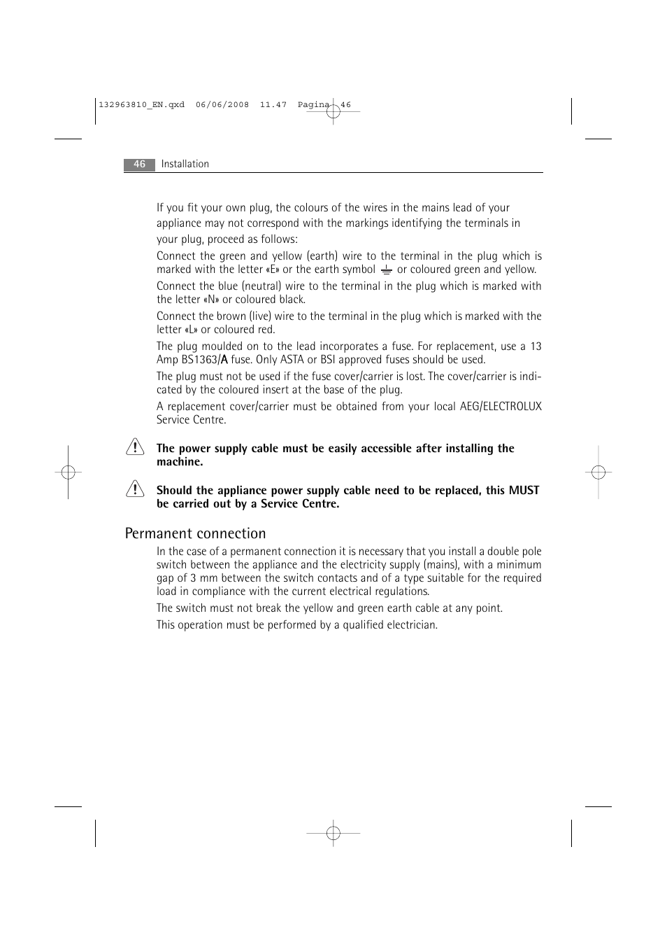 Permanent connection | Electrolux LAVAMAT 74850 B User Manual | Page 46 / 48