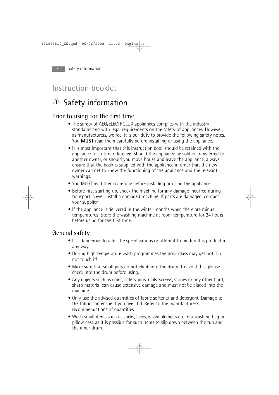 Instruction booklet safety information, Prior to using for the first time, General safety | Electrolux LAVAMAT 74850 B User Manual | Page 6 / 48