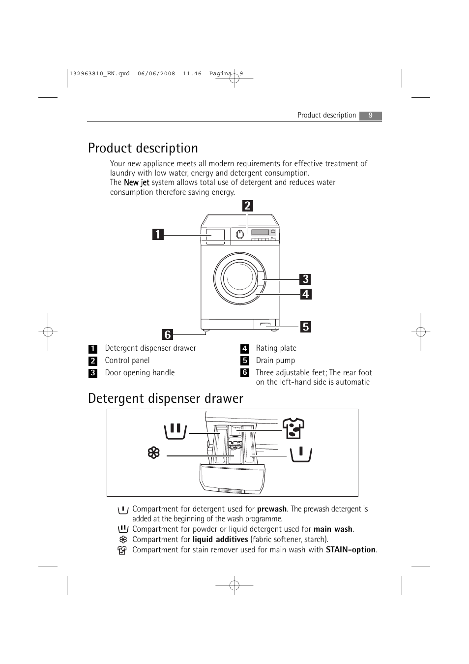 Product description, Detergent dispenser drawer | Electrolux LAVAMAT 74850 B User Manual | Page 9 / 48