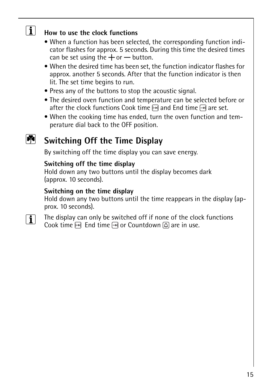 Switching off the time display | Electrolux B2100-4 User Manual | Page 15 / 48
