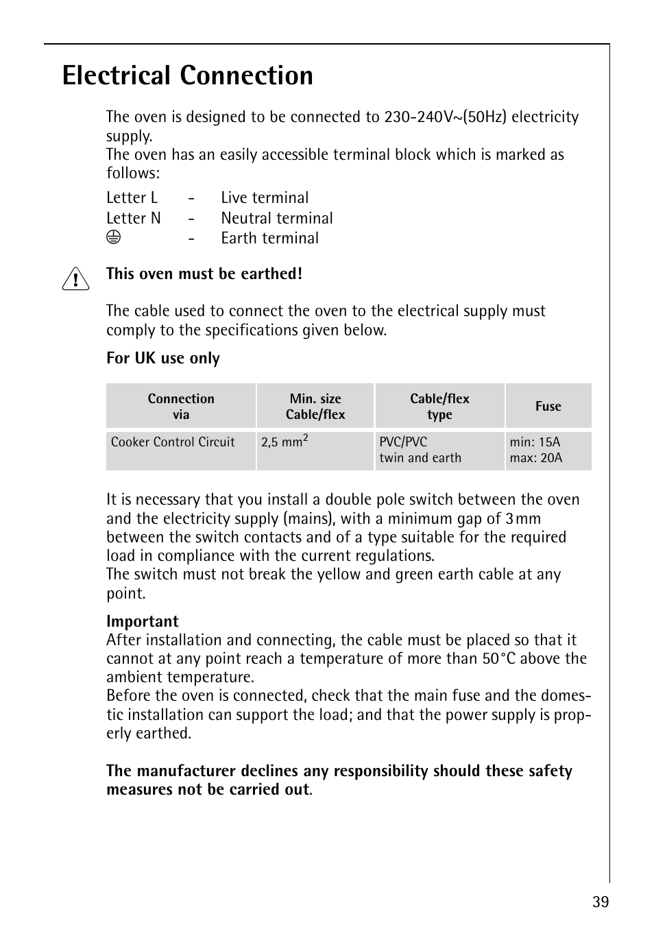 Electrical connection | Electrolux B2100-4 User Manual | Page 39 / 48