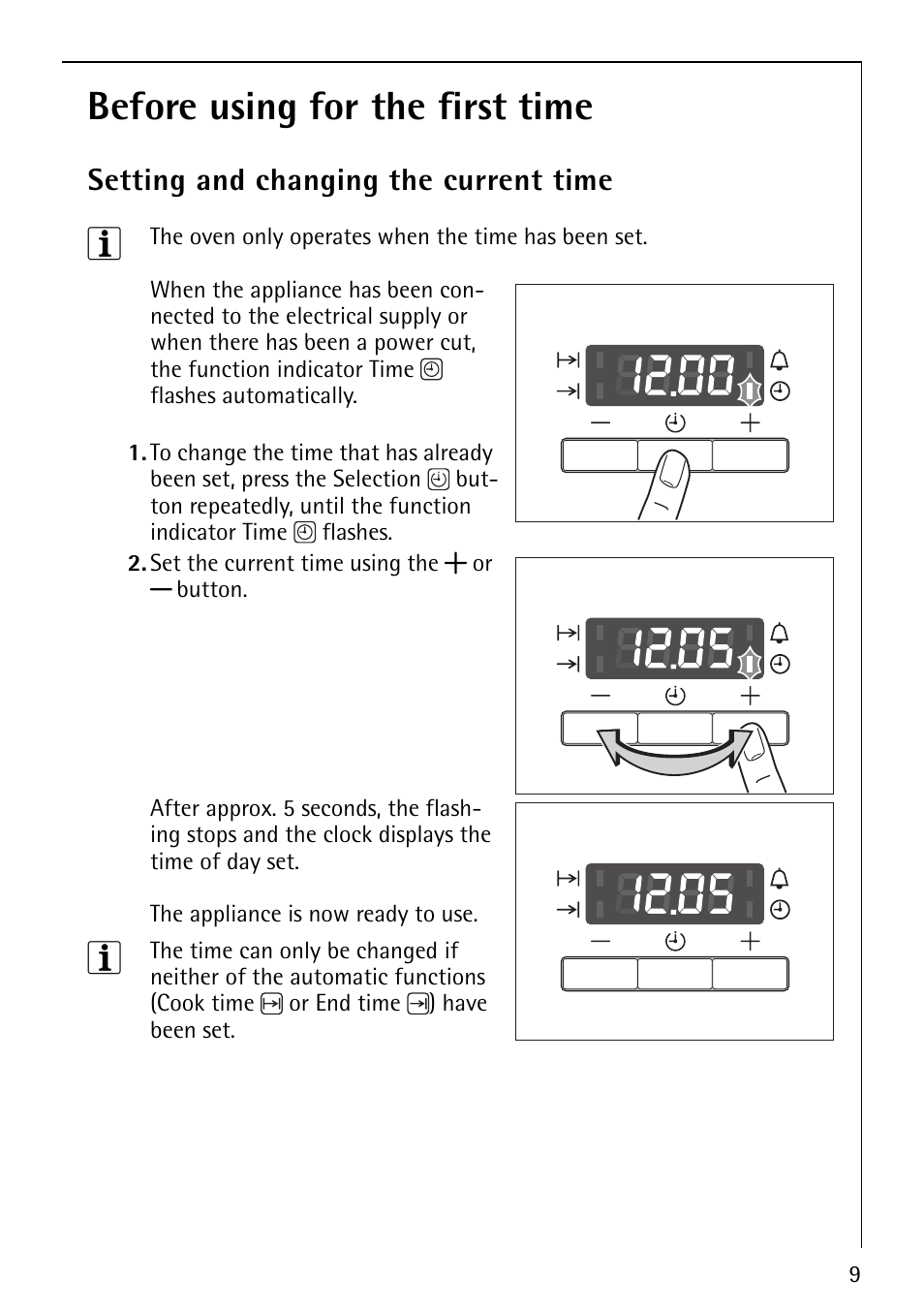 Before using for the first time, Setting and changing the current time | Electrolux B2100-4 User Manual | Page 9 / 48