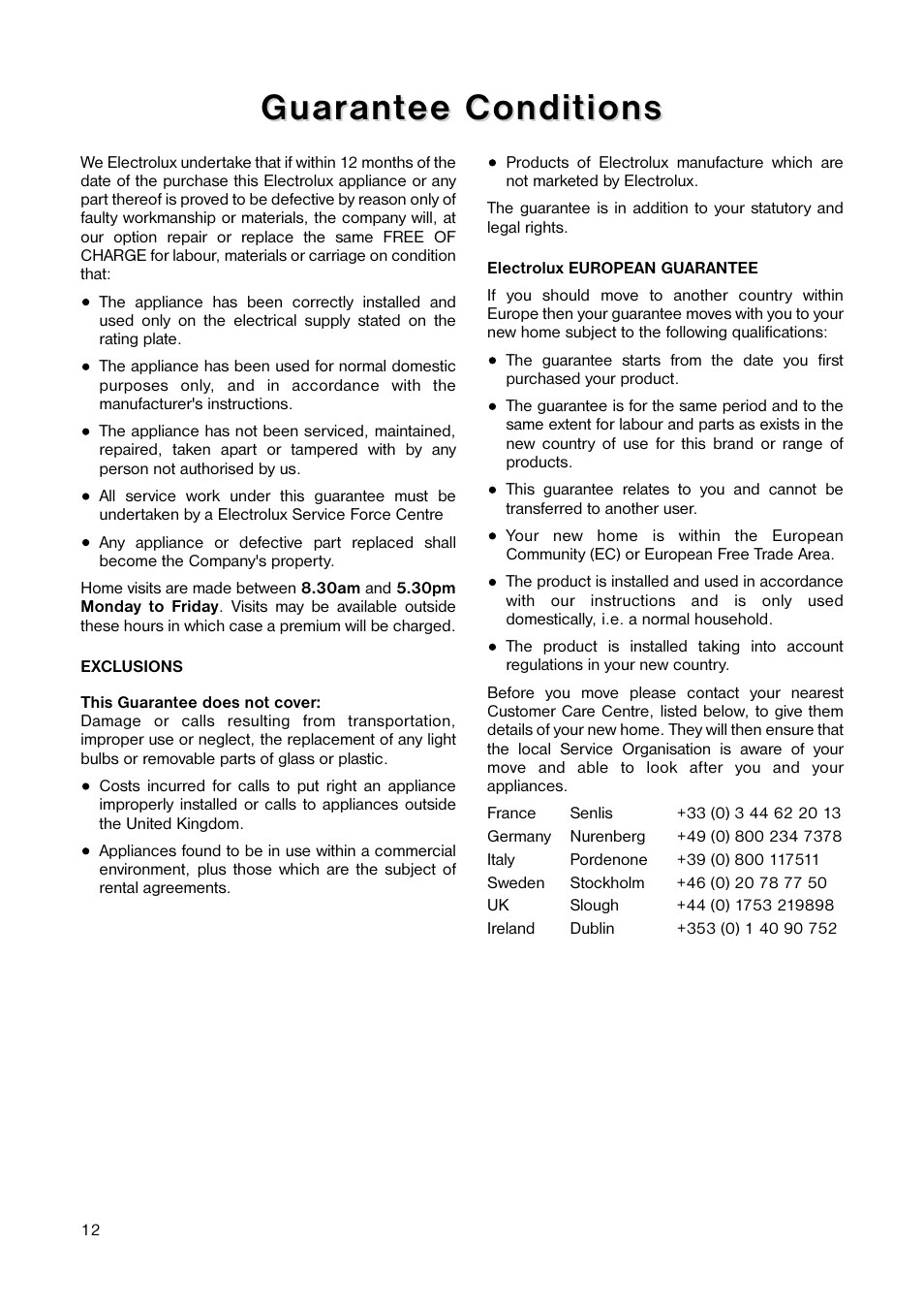 Guar, Guar ant ant ee conditions ee conditions | Electrolux EU 1241 T User Manual | Page 12 / 16